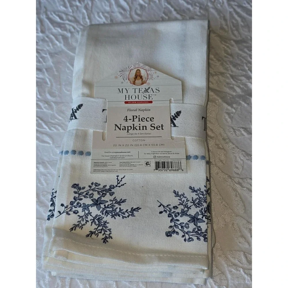 New My Texas‎ House Blue and White Floral Cotton Cloth Napkin Set of 4